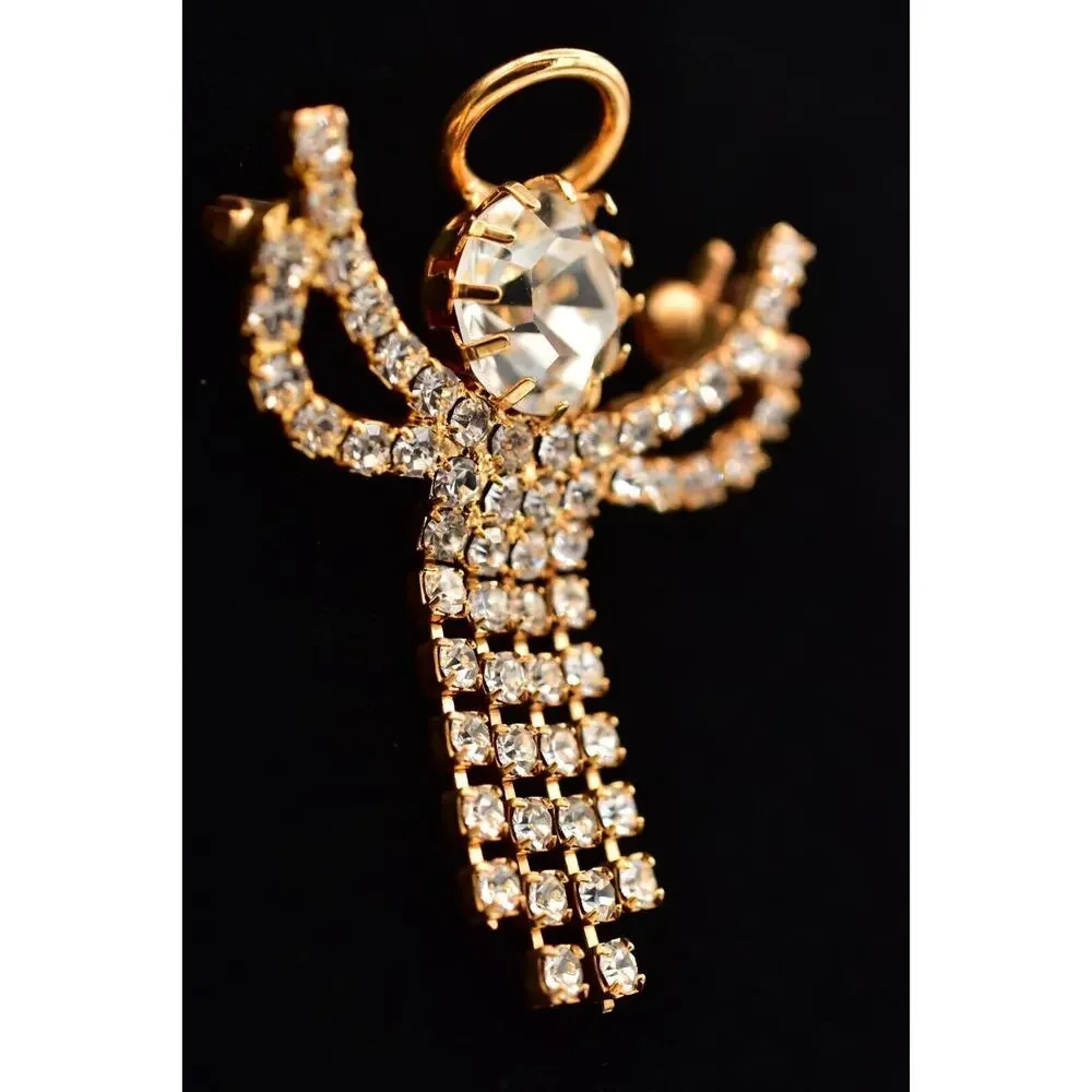 Vintage Crystal Angel Pin Brooch Prong Rhinestone Halo Gold Tone Fringe BinAL